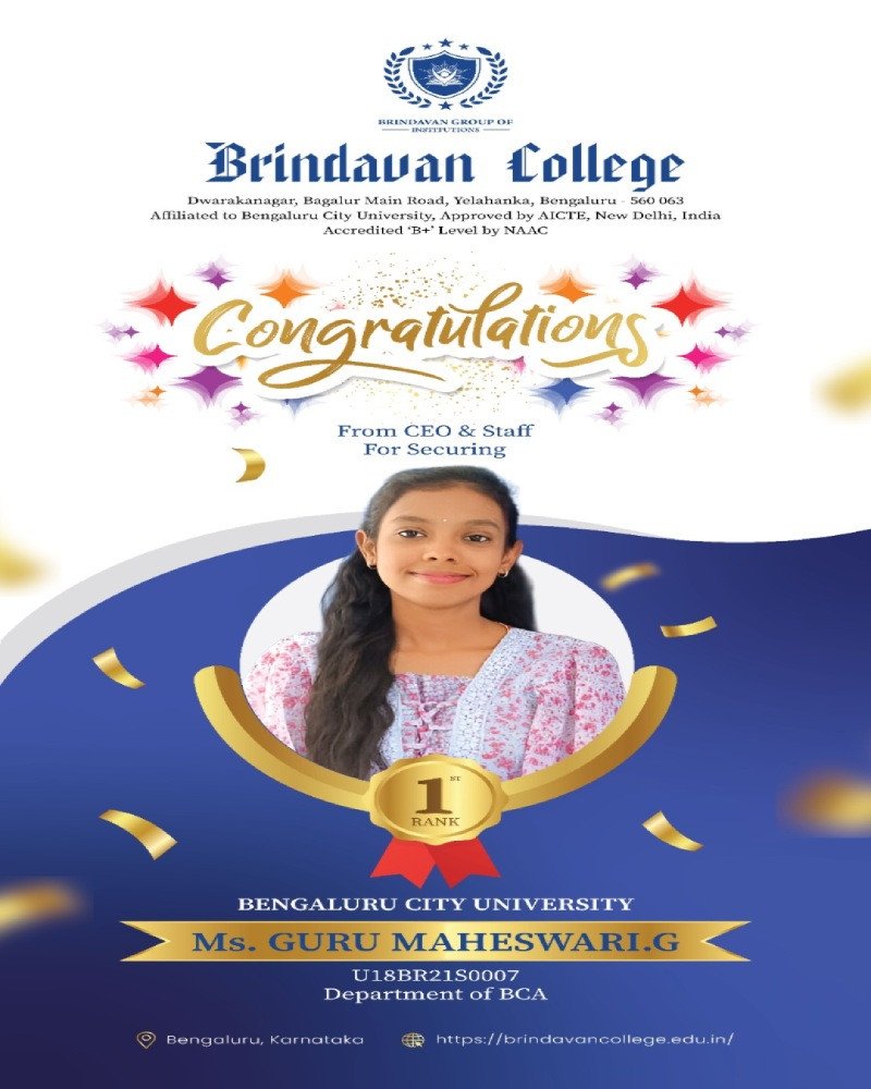 A moment of pride for Brindavan College Our student Guru Maheshwari has secured 1st Rank in BCA The Management and Staff extend their heartfelt congratulations on this remarkable achievement