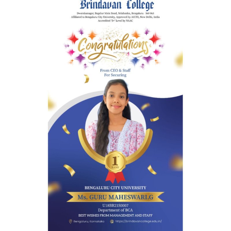 Guru Maheshwari, has secured 1st Rank in BCA. The Management and Staff extend their heartfelt congratulations on this remarkable achievement.